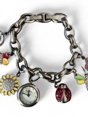 Anne Klein vintage silver-tone charm bracelet watch w/charms